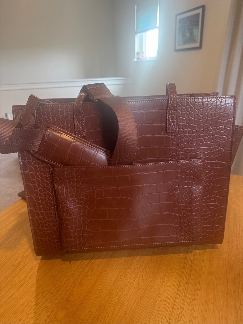 BEIS Large Brown Croc-Embossed Tote with Matching Pouch Set - Picture 3 of 15